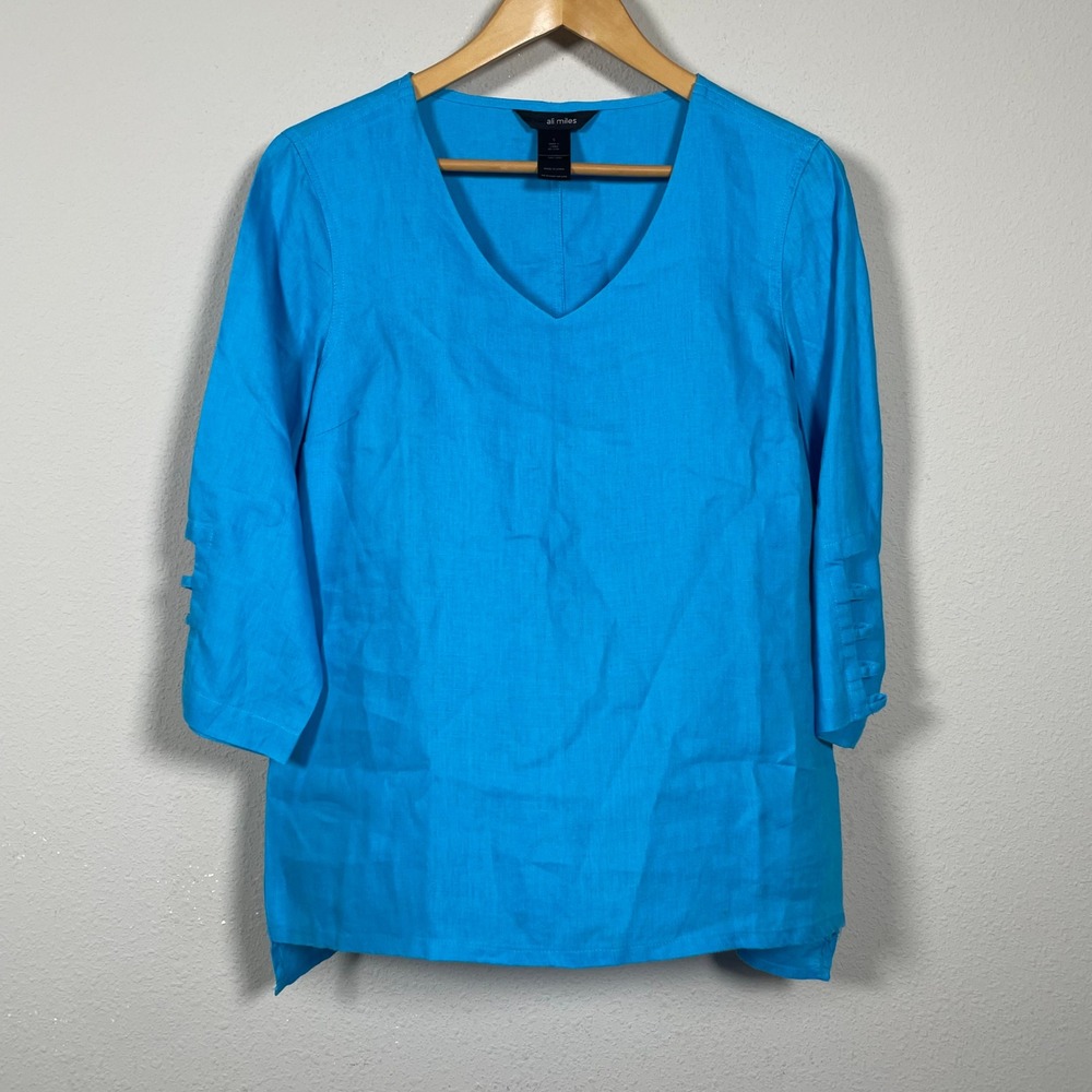 Ali Miles Tunic Women S Blue Linen 3/4 Cutout Sleeve Lagenlook Turquoise Top